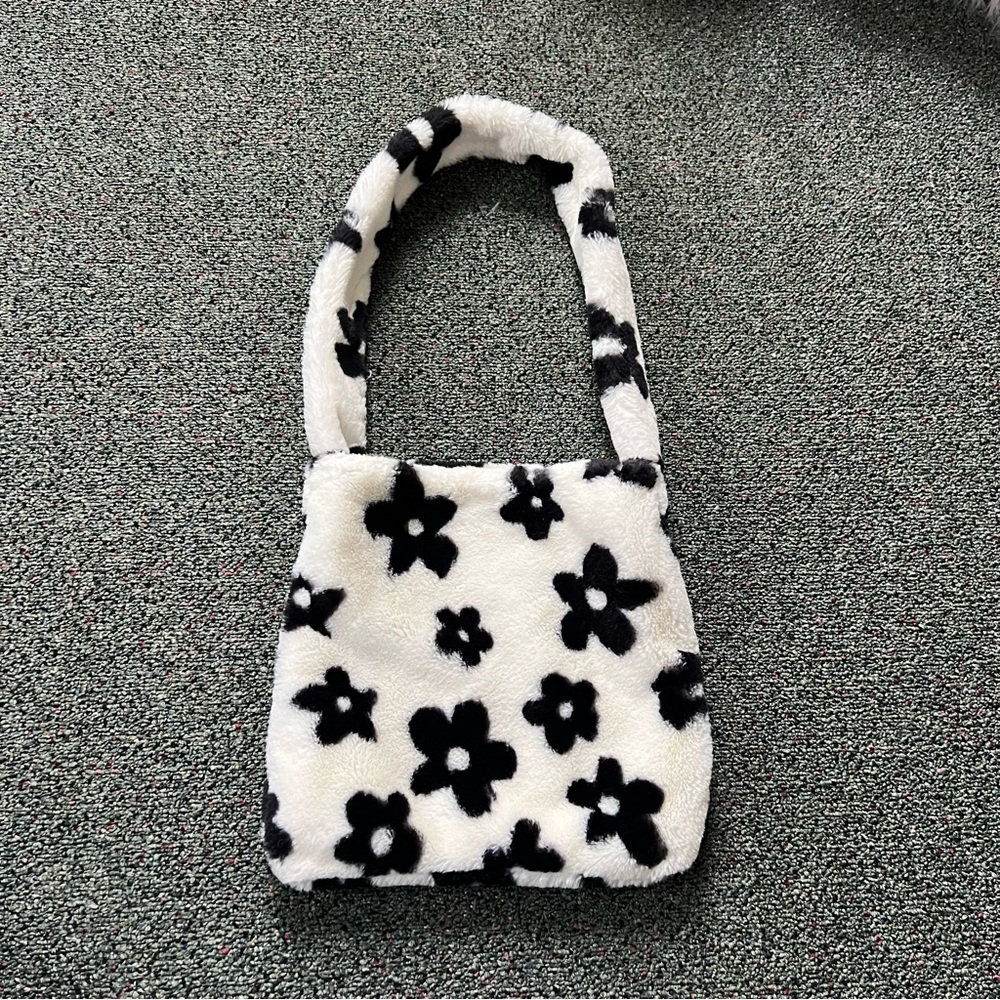 Fuzzy Furry Soft Black & White Floral Cow Print Medium Casual Shoulder Tote Bag